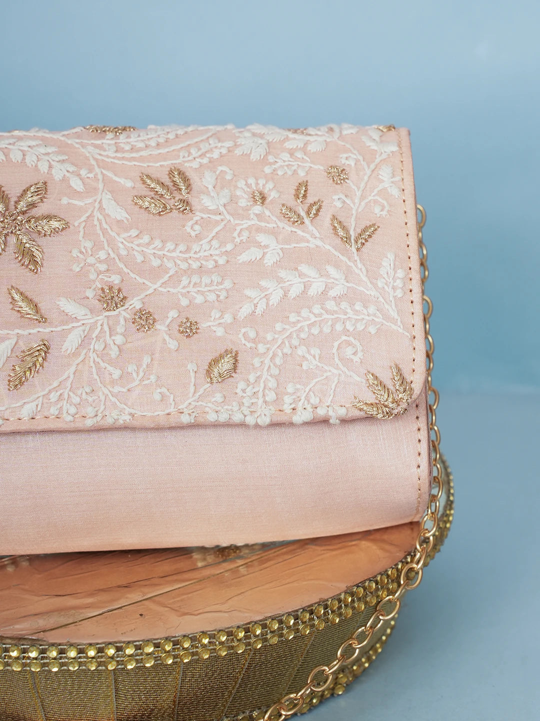 Ada Hand Embroidered Light Pink Silk Lucknowi Chikankari Clutch With Zari Work 01A578268