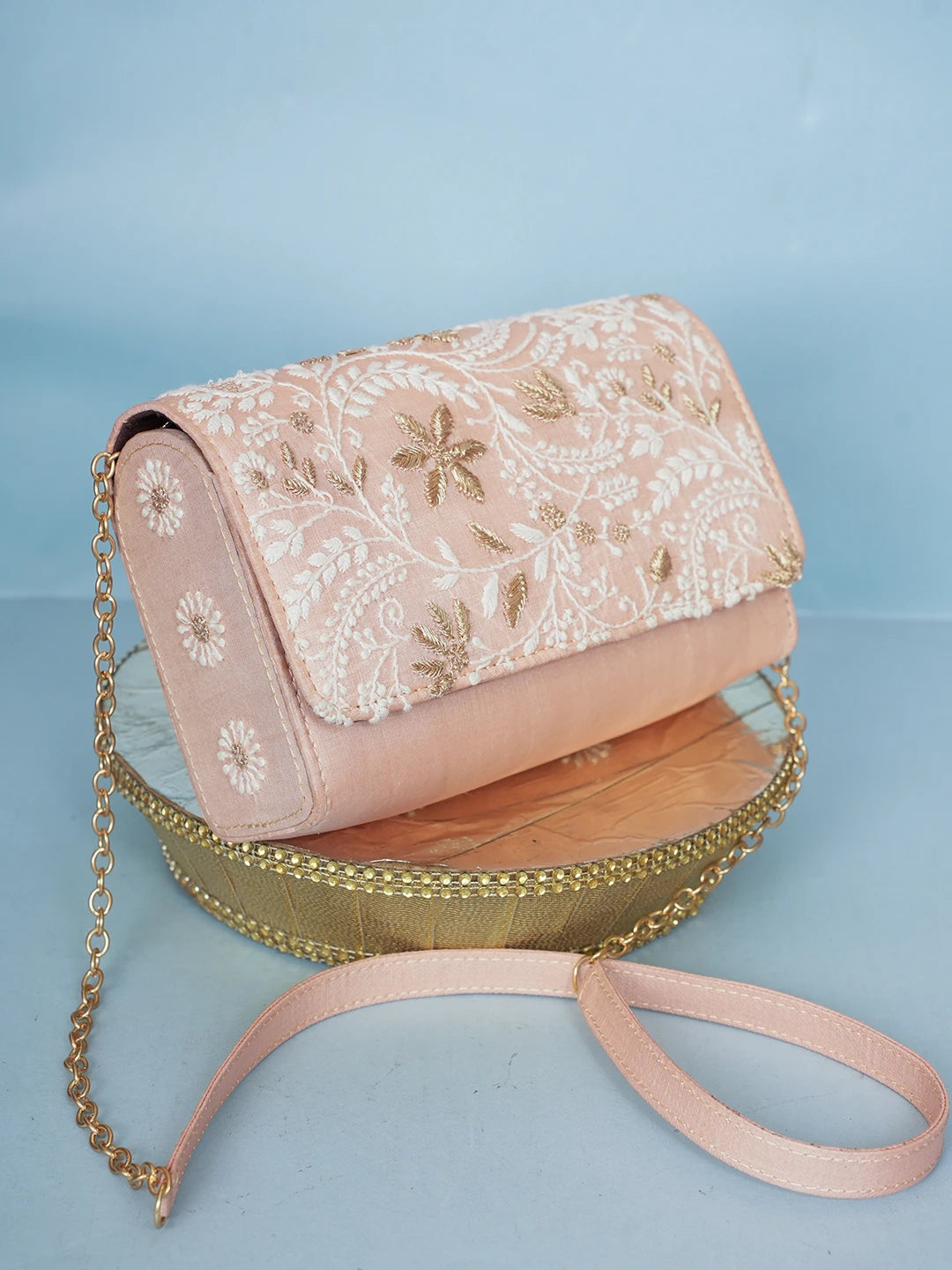 Ada Hand Embroidered Light Pink Silk Lucknowi Chikankari Clutch With Zari Work 01A578268