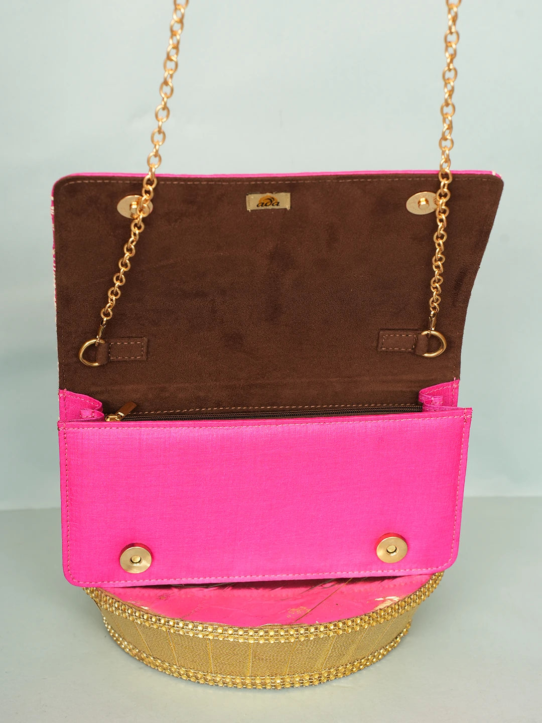 Ada Hand Embroidered Magenta Silk Lucknowi Chikankari Clutch With Zari Work 01A557179