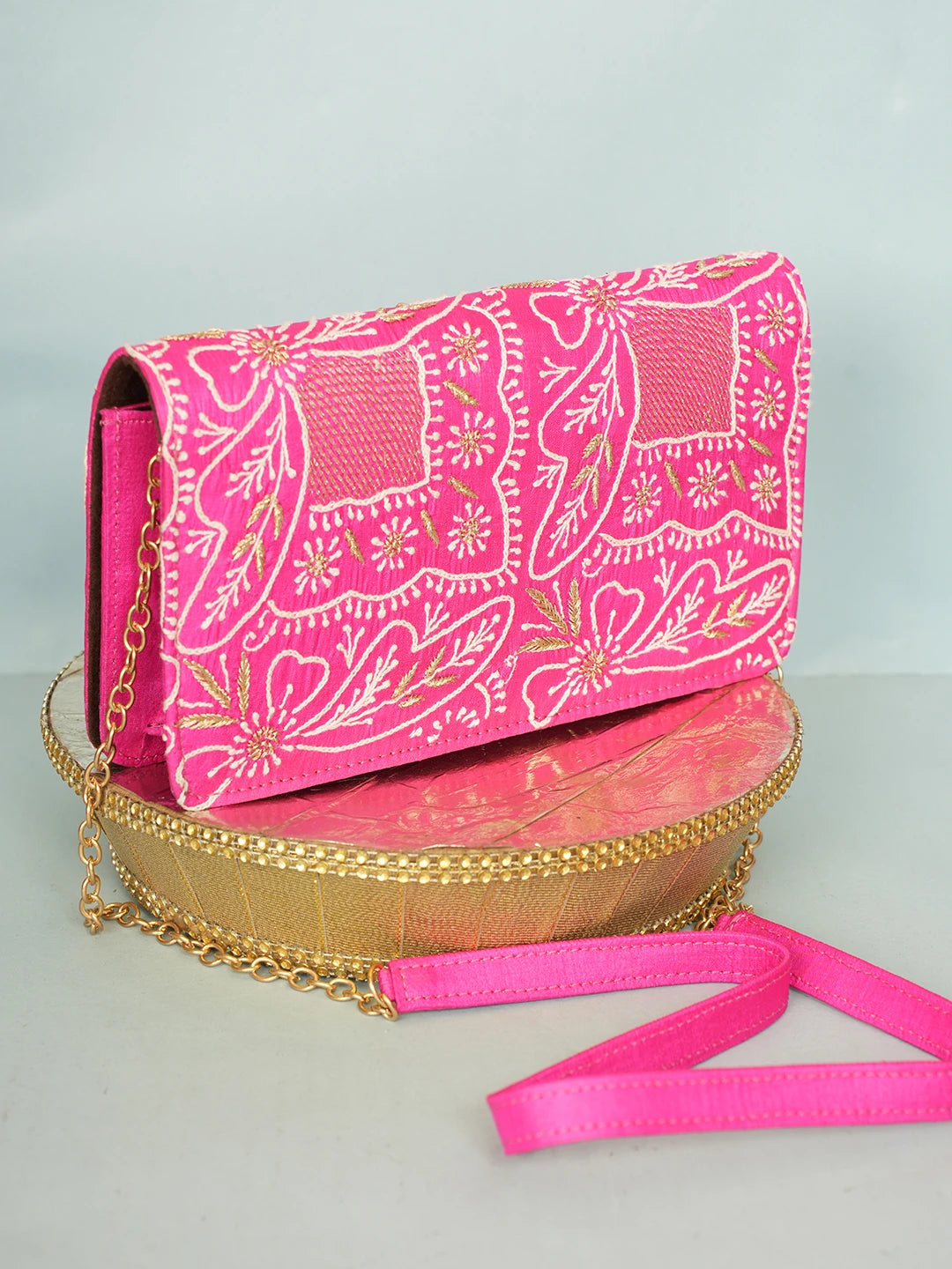 Ada Hand Embroidered Magenta Silk Lucknowi Chikankari Clutch With Zari Work 01A557179