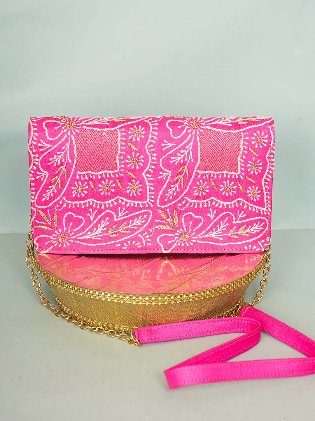 Ada Hand Embroidered Magenta Silk Lucknowi Chikankari Clutch With Zari Work 01A557179