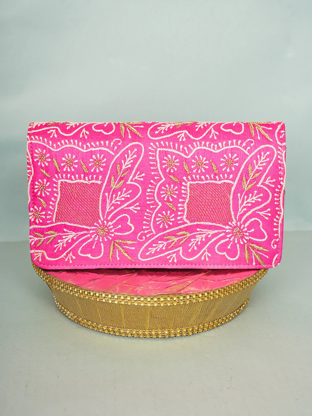 Ada Hand Embroidered Magenta Silk Lucknowi Chikankari Clutch With Zari Work 01A557179