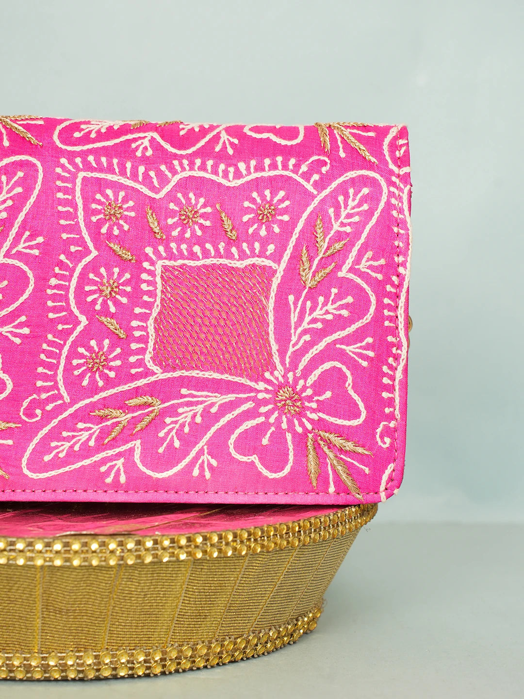 Ada Hand Embroidered Magenta Silk Lucknowi Chikankari Clutch With Zari Work 01A557179