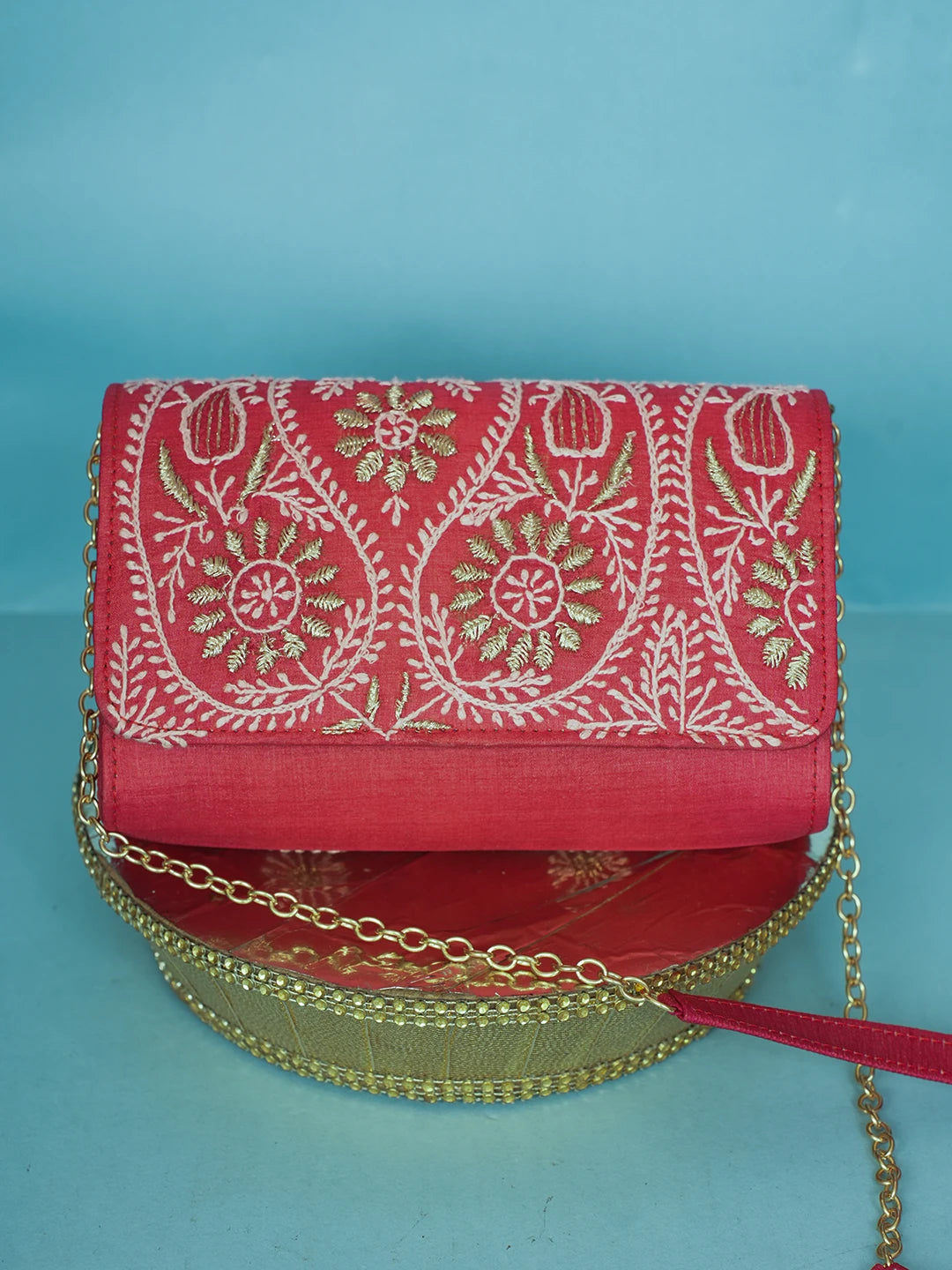 Ada Hand Embroidered Red Silk Lucknowi Chikankari Clutch With Zari Work 01A578266