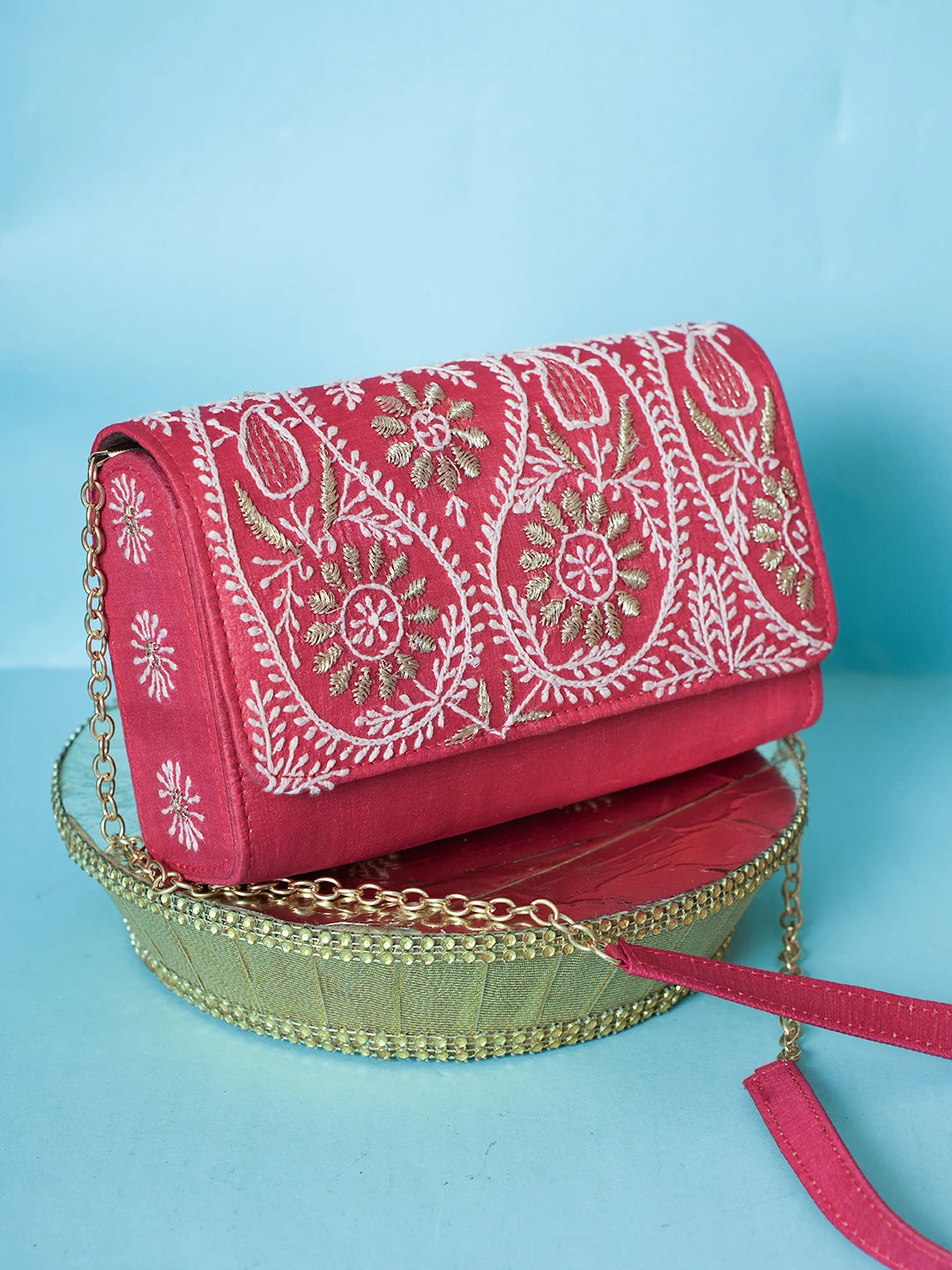 Ada Hand Embroidered Red Silk Lucknowi Chikankari Clutch With Zari Work 01A578266