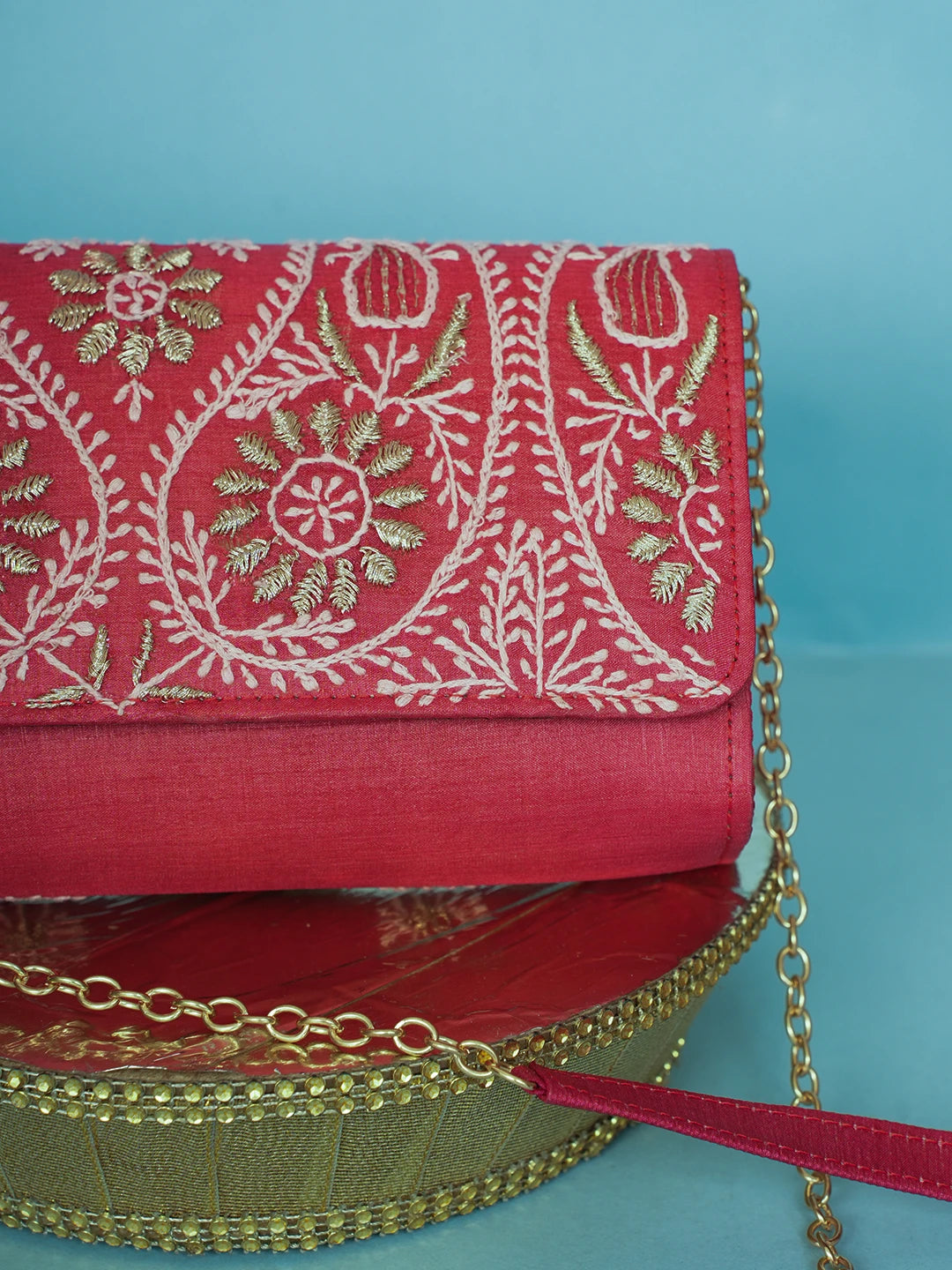 Ada Hand Embroidered Red Silk Lucknowi Chikankari Clutch With Zari Work 01A578266