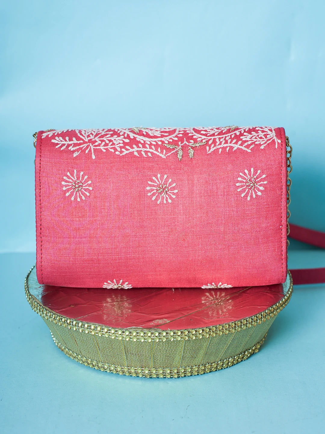 Ada Hand Embroidered Red Silk Lucknowi Chikankari Clutch With Zari Work 01A578266