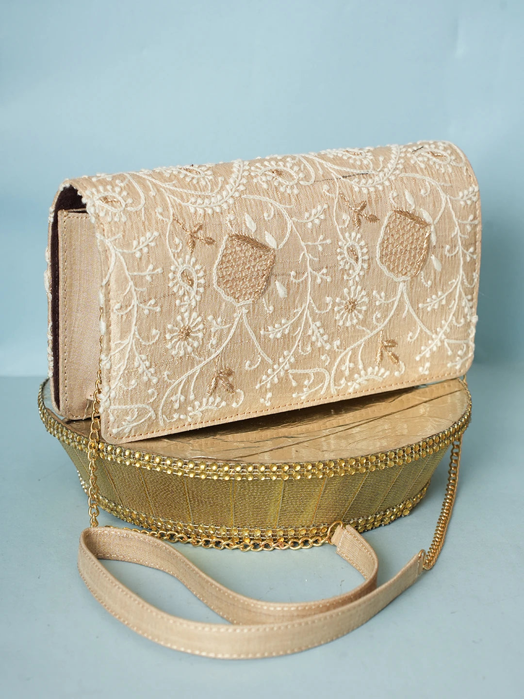 Ada Hand Embroidered Fawn Silk Lucknowi Chikankari Clutch With Zari Work 01A578291