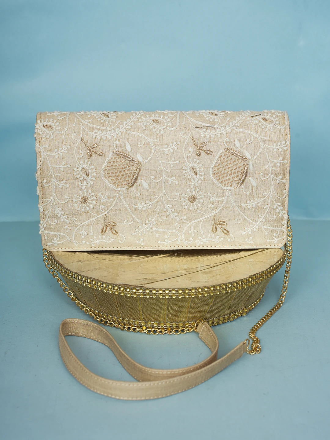 Ada Hand Embroidered Fawn Silk Lucknowi Chikankari Clutch With Zari Work 01A578291