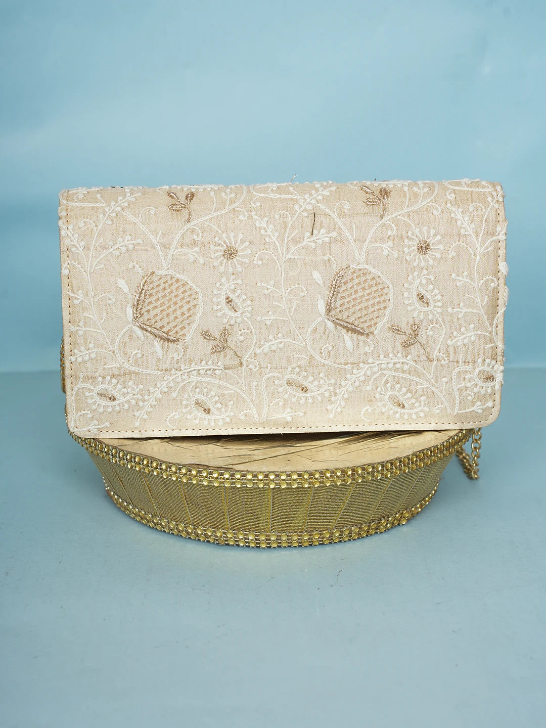 Ada Hand Embroidered Fawn Silk Lucknowi Chikankari Clutch With Zari Work 01A578291