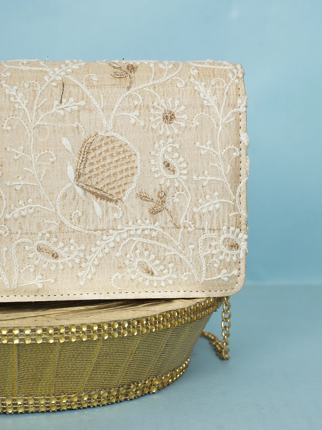 Ada Hand Embroidered Fawn Silk Lucknowi Chikankari Clutch With Zari Work 01A578291