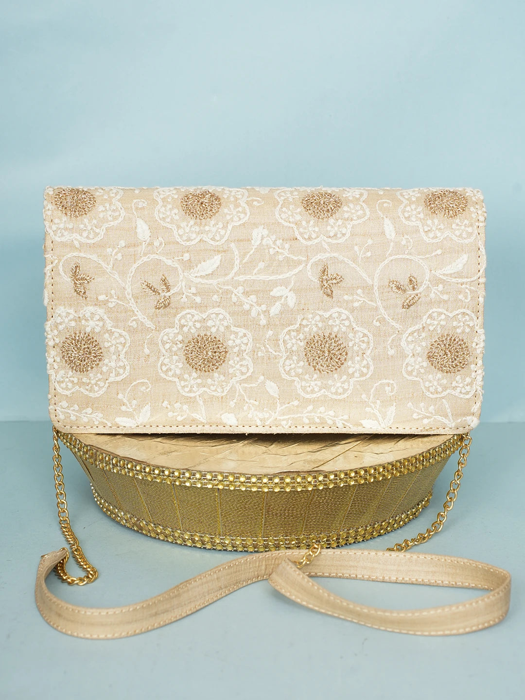 Ada Hand Embroidered Fawn Silk Lucknowi Chikankari Clutch With Zari Work 01A578295
