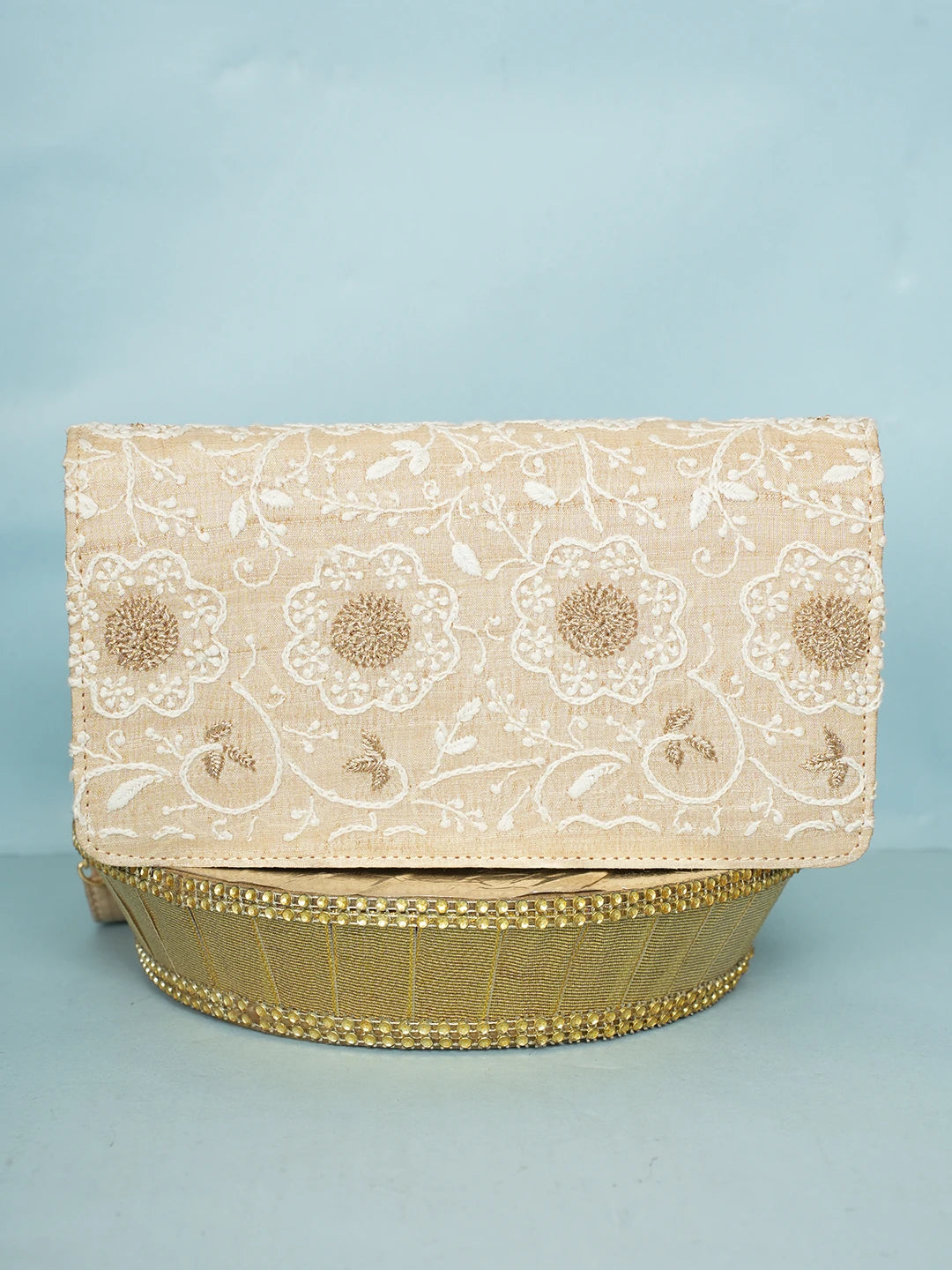 Ada Hand Embroidered Fawn Silk Lucknowi Chikankari Clutch With Zari Work 01A578295