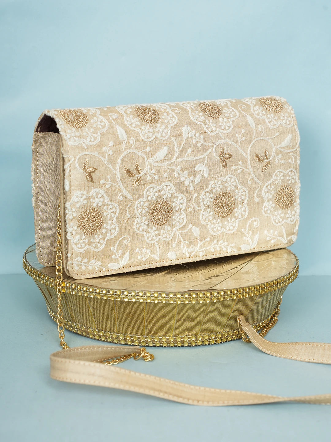 Ada Hand Embroidered Fawn Silk Lucknowi Chikankari Clutch With Zari Work 01A578295