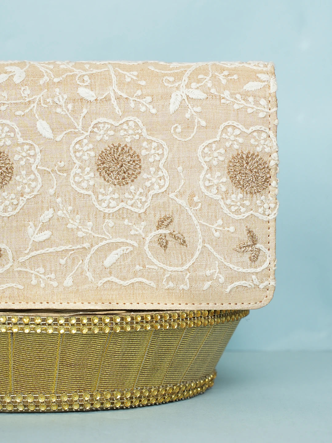 Ada Hand Embroidered Fawn Silk Lucknowi Chikankari Clutch With Zari Work 01A578295