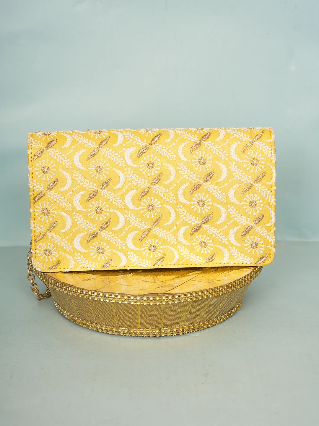 Ada Hand Embroidered Yellow Silk Lucknowi Chikankari Clutch With Zari Work 01A578299