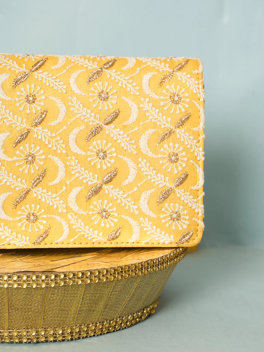 Ada Hand Embroidered Yellow Silk Lucknowi Chikankari Clutch With Zari Work 01A578299