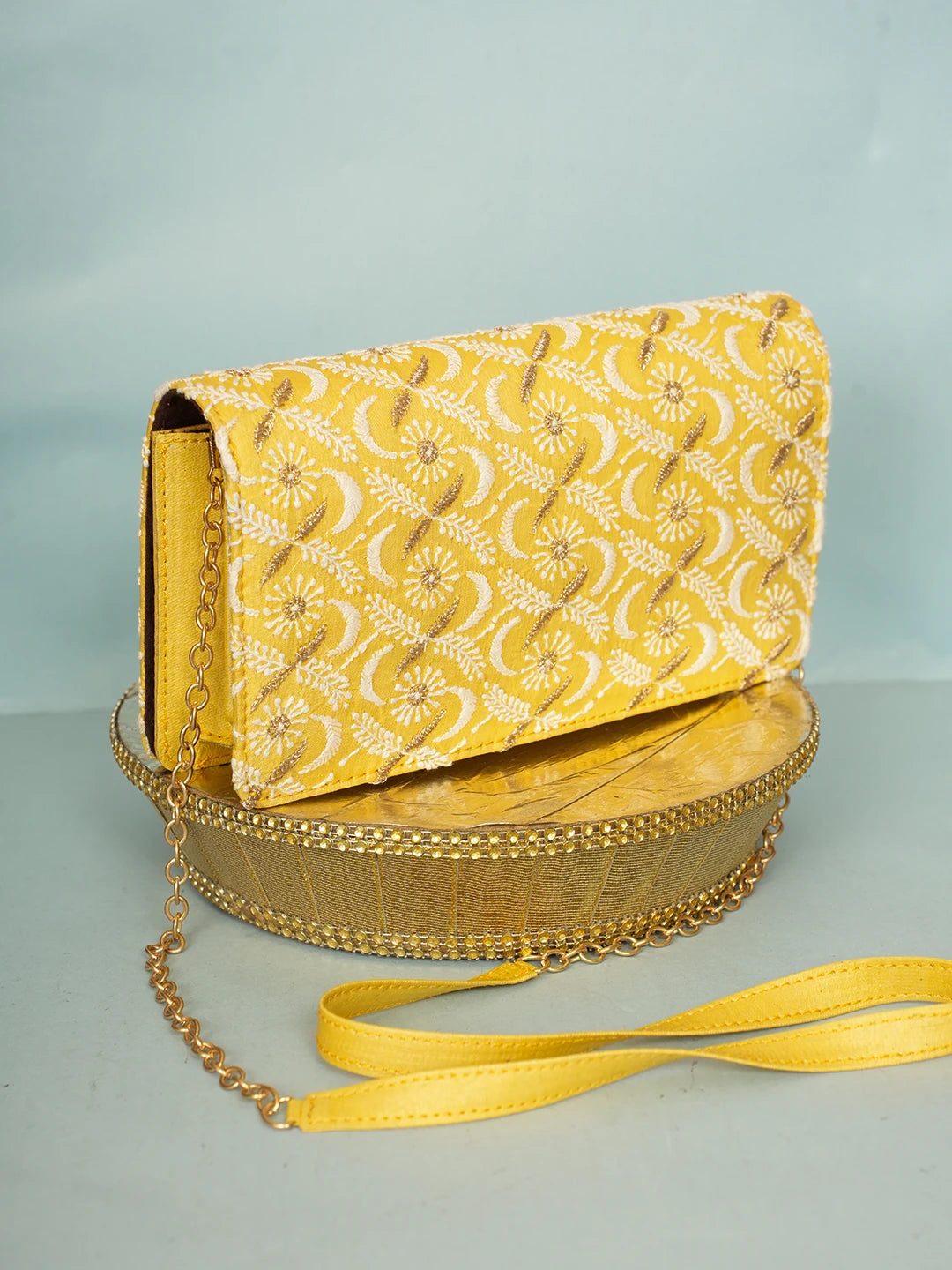 Ada Hand Embroidered Yellow Silk Lucknowi Chikankari Clutch With Zari Work 01A578299