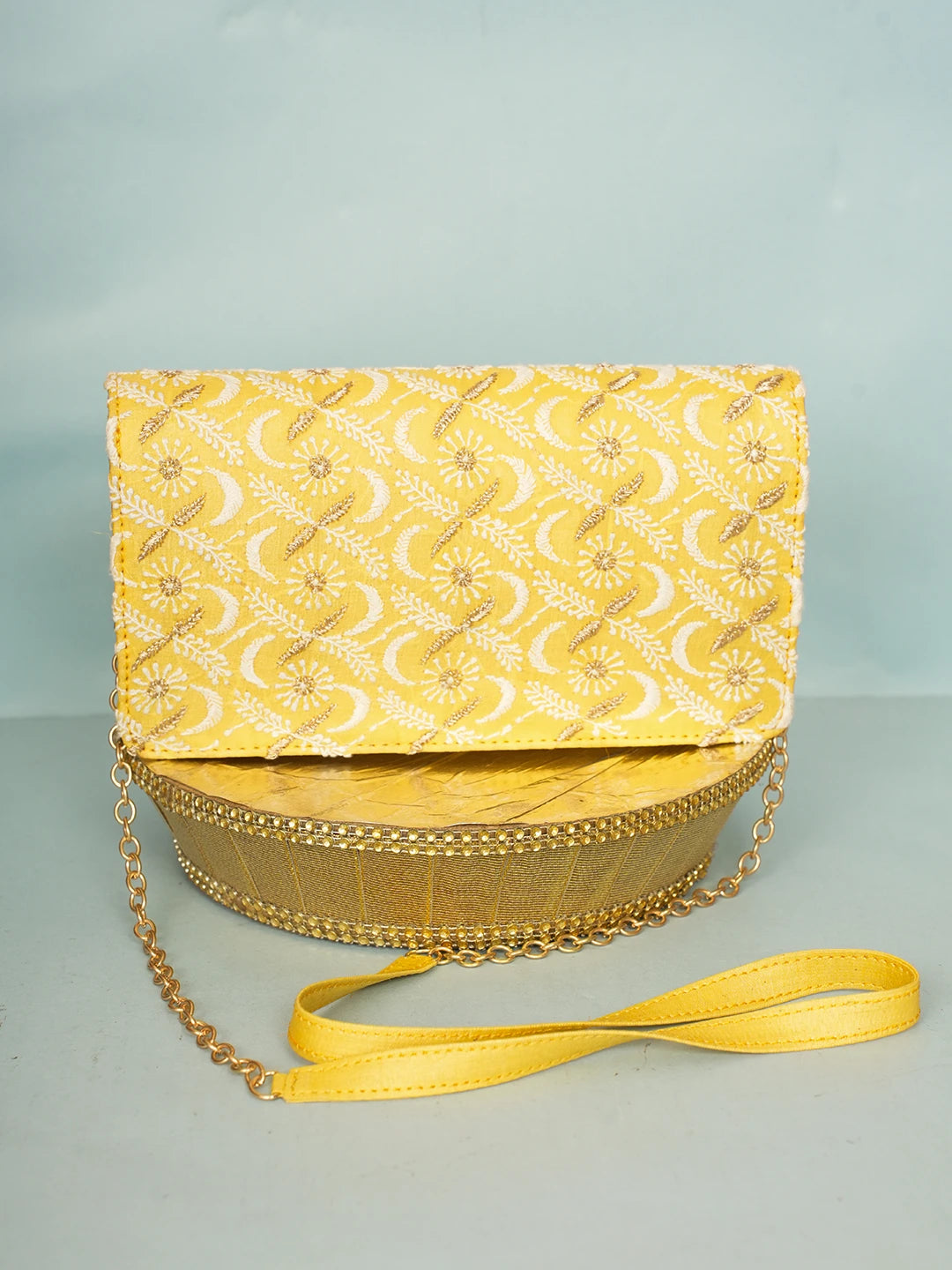 Ada Hand Embroidered Yellow Silk Lucknowi Chikankari Clutch With Zari Work 01A578299