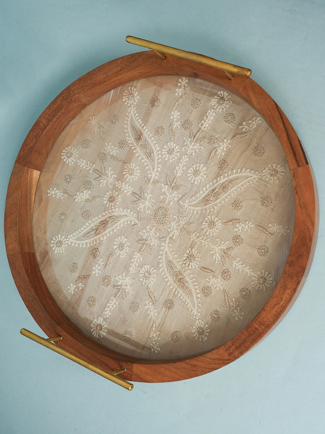Ada Hand Embroidered Fawn Silk Lucknowi Chikankari Wooden Tray With Zari Work 01A548662