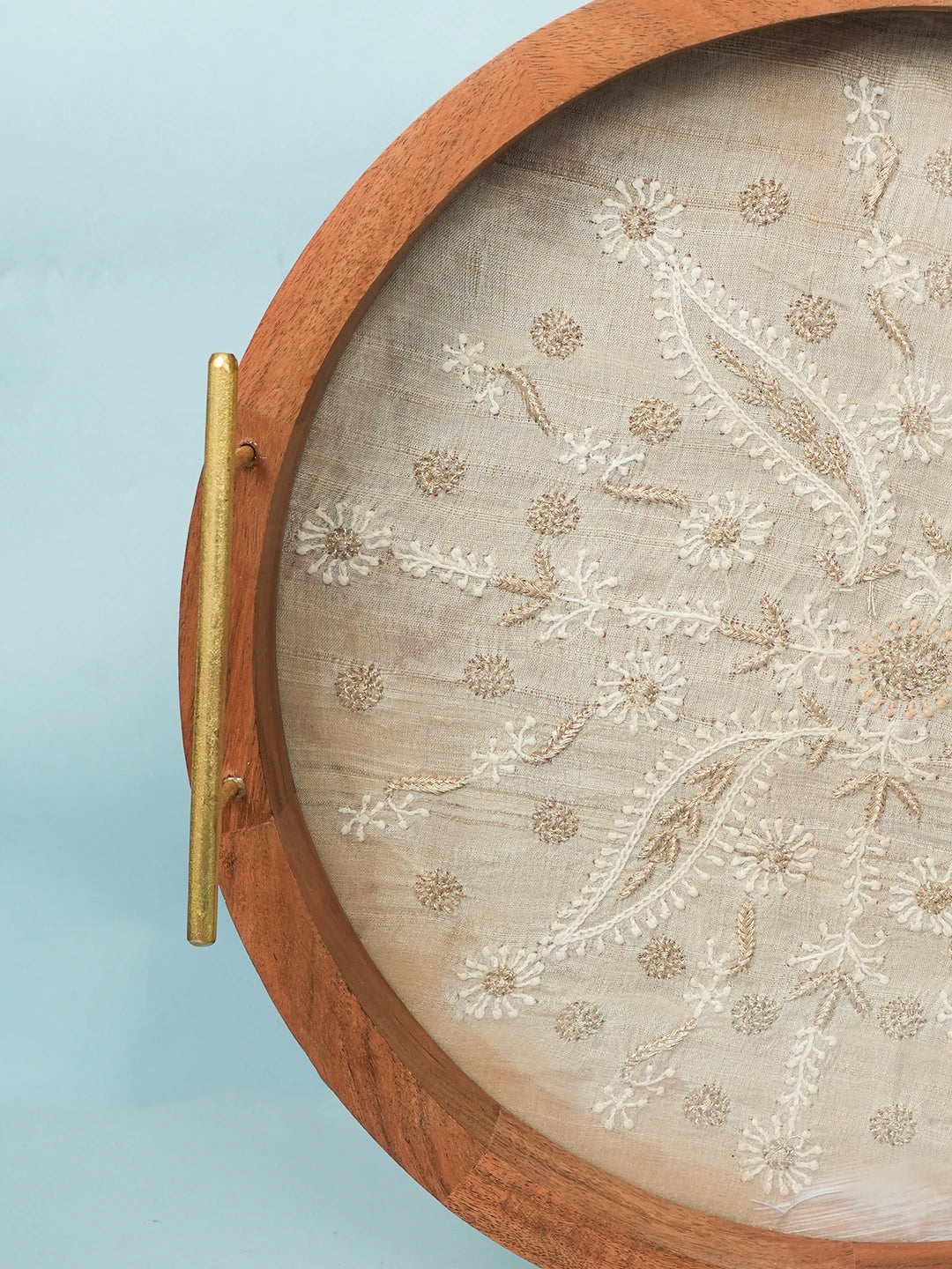 Ada Hand Embroidered Fawn Silk Lucknowi Chikankari Wooden Tray With Zari Work 01A548662