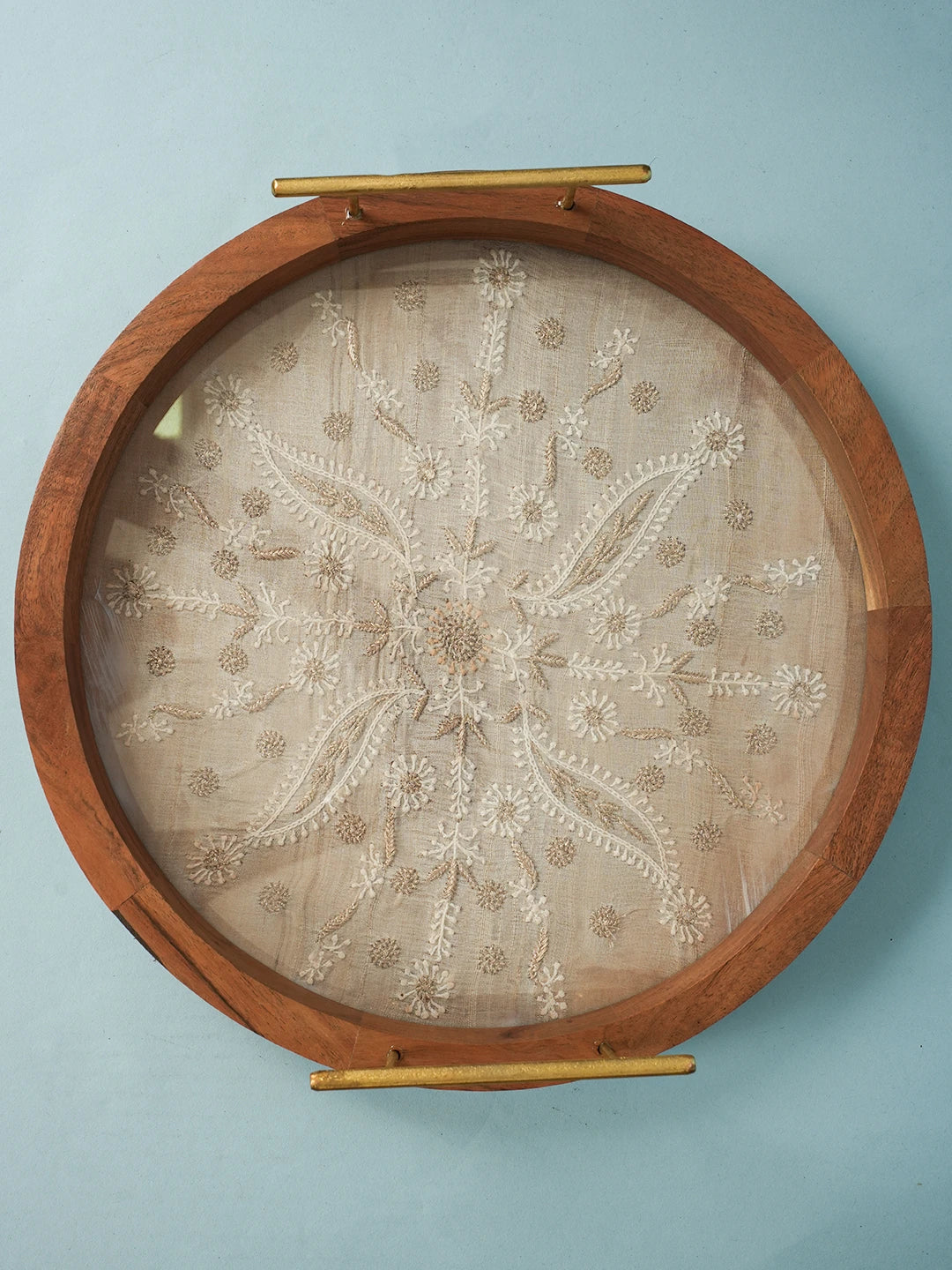 Ada Hand Embroidered Fawn Silk Lucknowi Chikankari Wooden Tray With Zari Work 01A548662