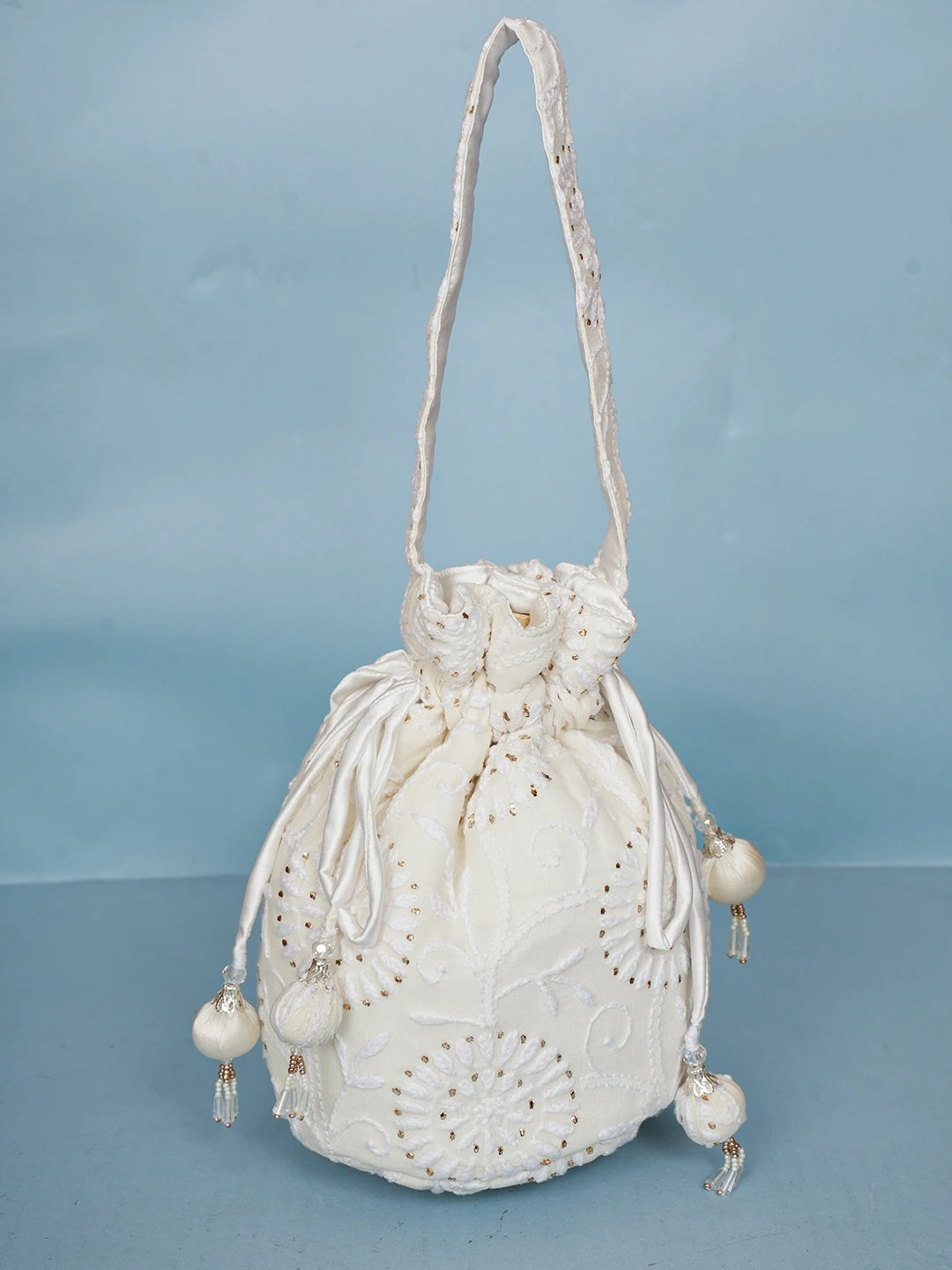 Ada Hand Embroidered White Georgette Lucknowi Chikankari Potli Bag With Muqaish Work 01A577820