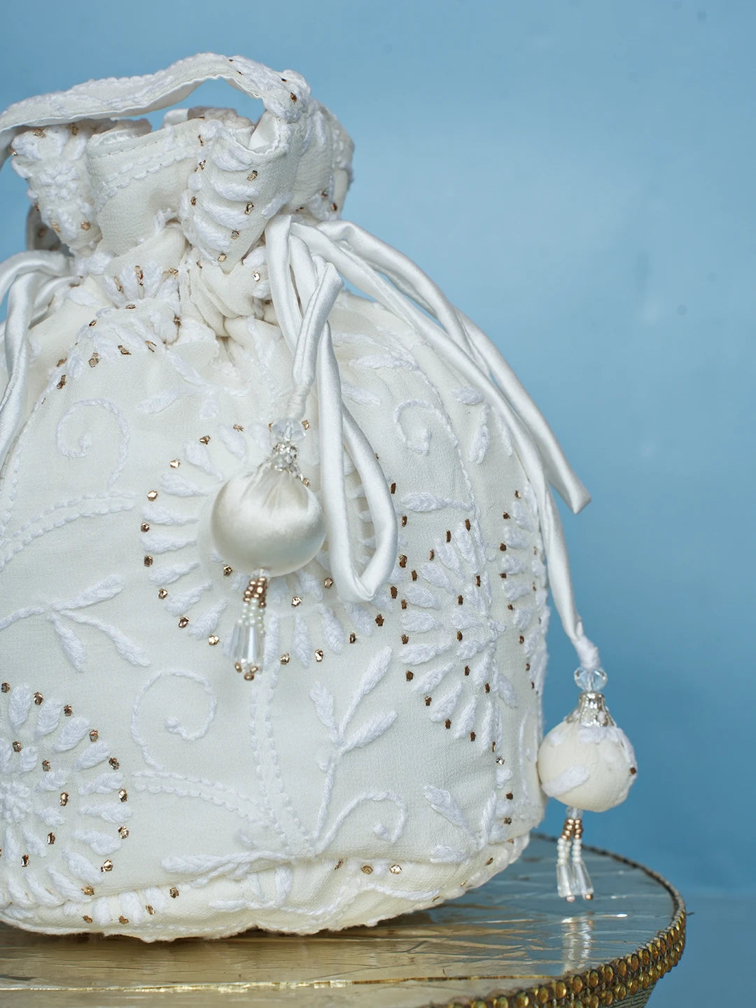 Ada Hand Embroidered White Georgette Lucknowi Chikankari Potli Bag With Muqaish Work 01A577820