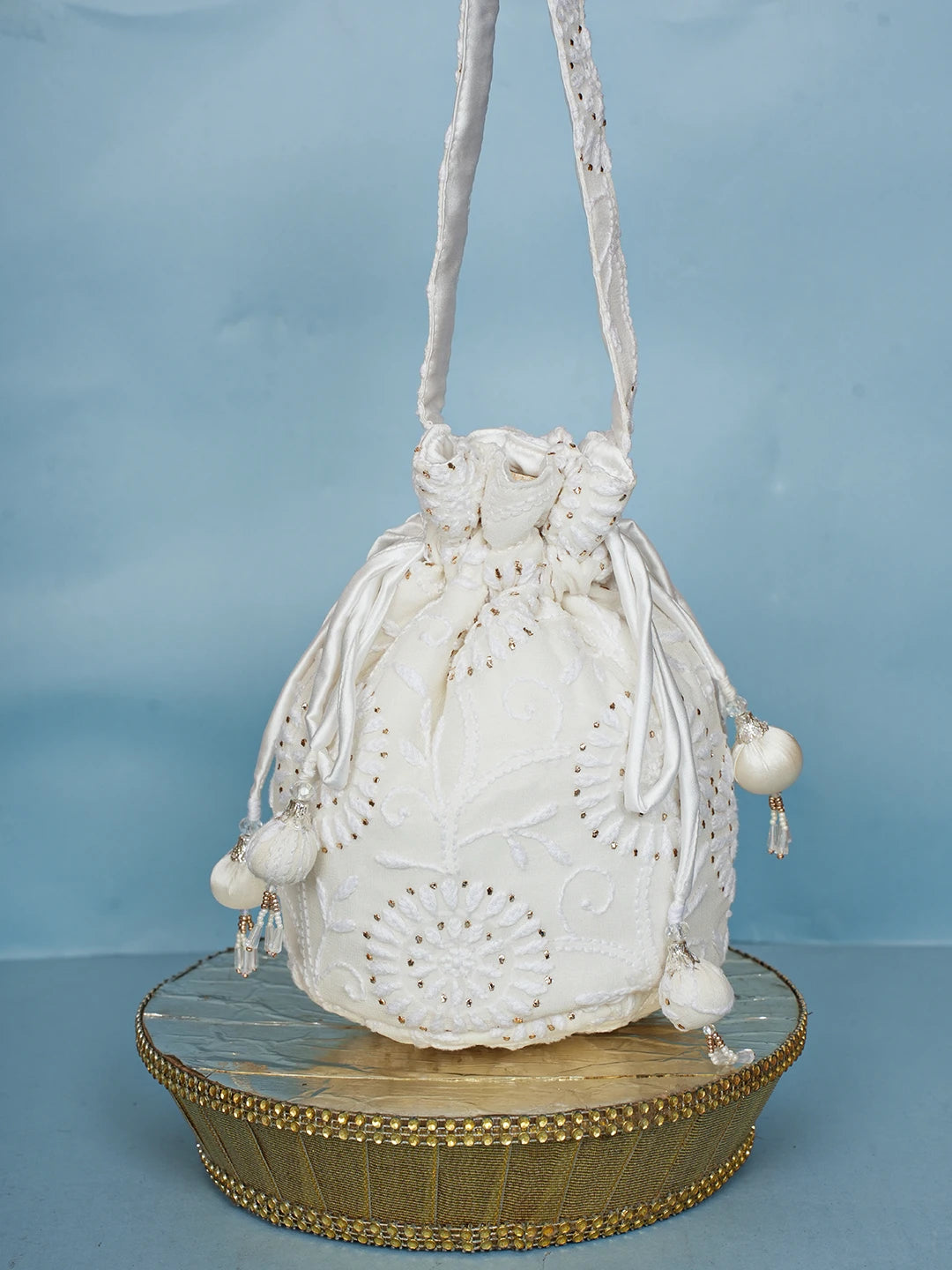 Ada Hand Embroidered White Georgette Lucknowi Chikankari Potli Bag With Muqaish Work 01A577820