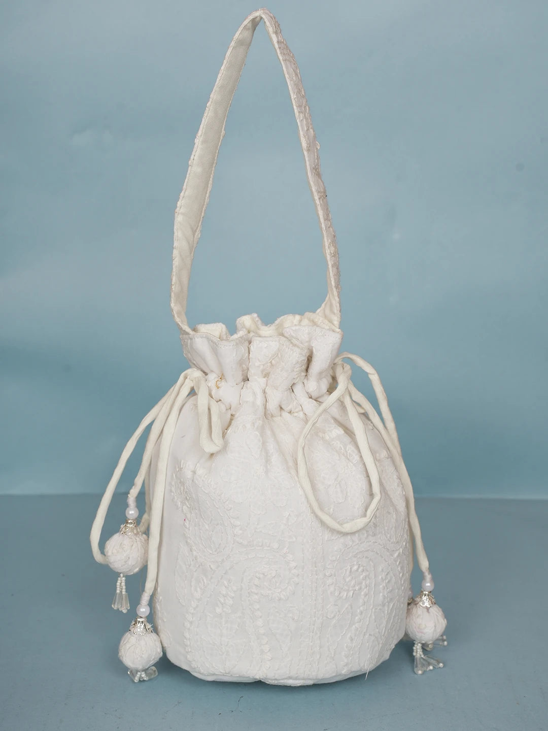 Ada Hand Embroidered White Cotton Lucknowi Chikankari Potli Bag 01A574344