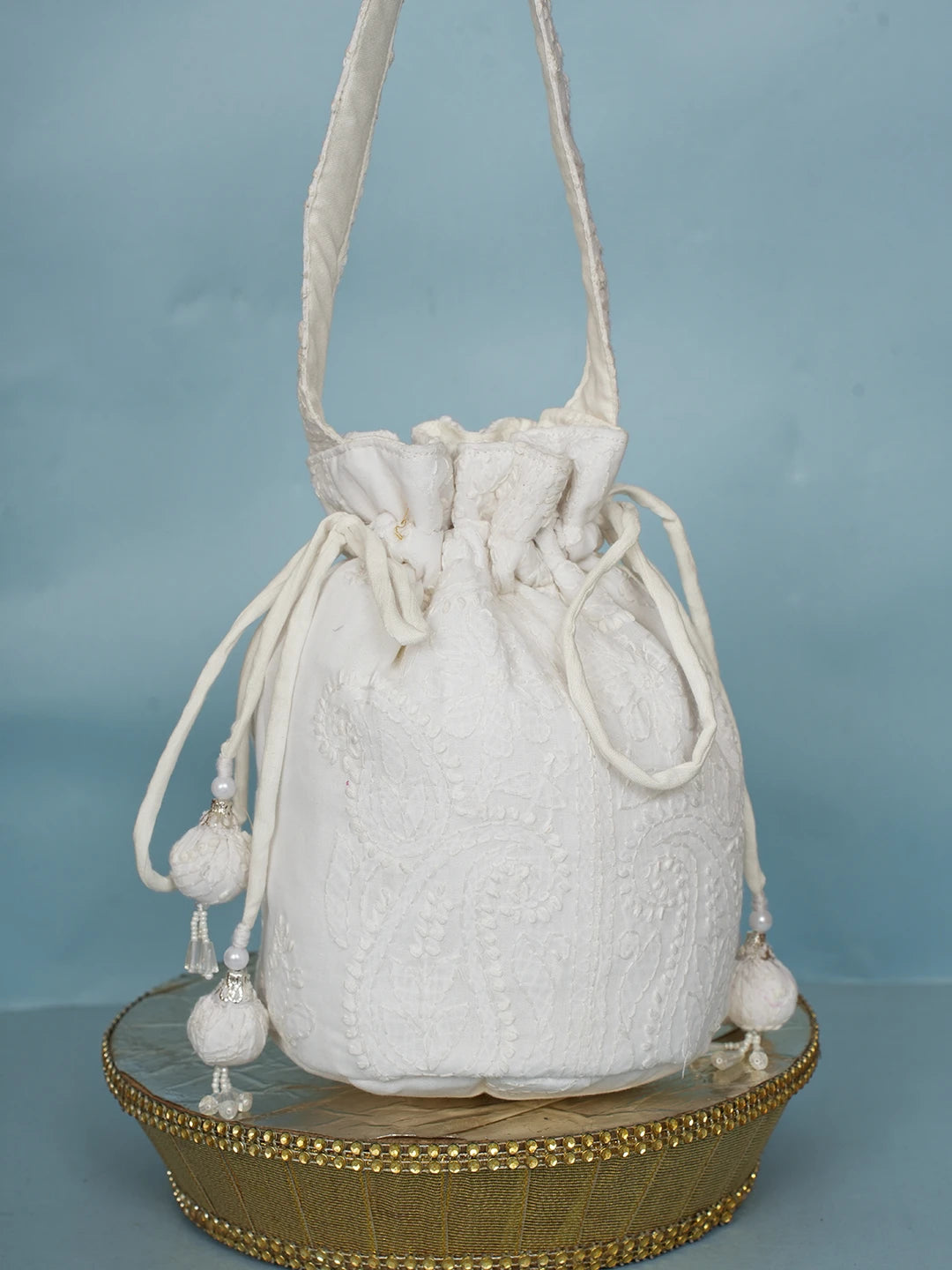 Ada Hand Embroidered White Cotton Lucknowi Chikankari Potli Bag 01A574344