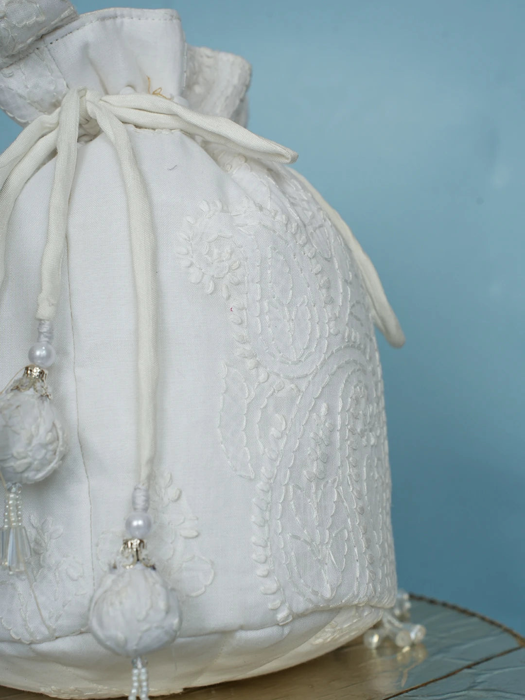 Ada Hand Embroidered White Cotton Lucknowi Chikankari Potli Bag 01A574344