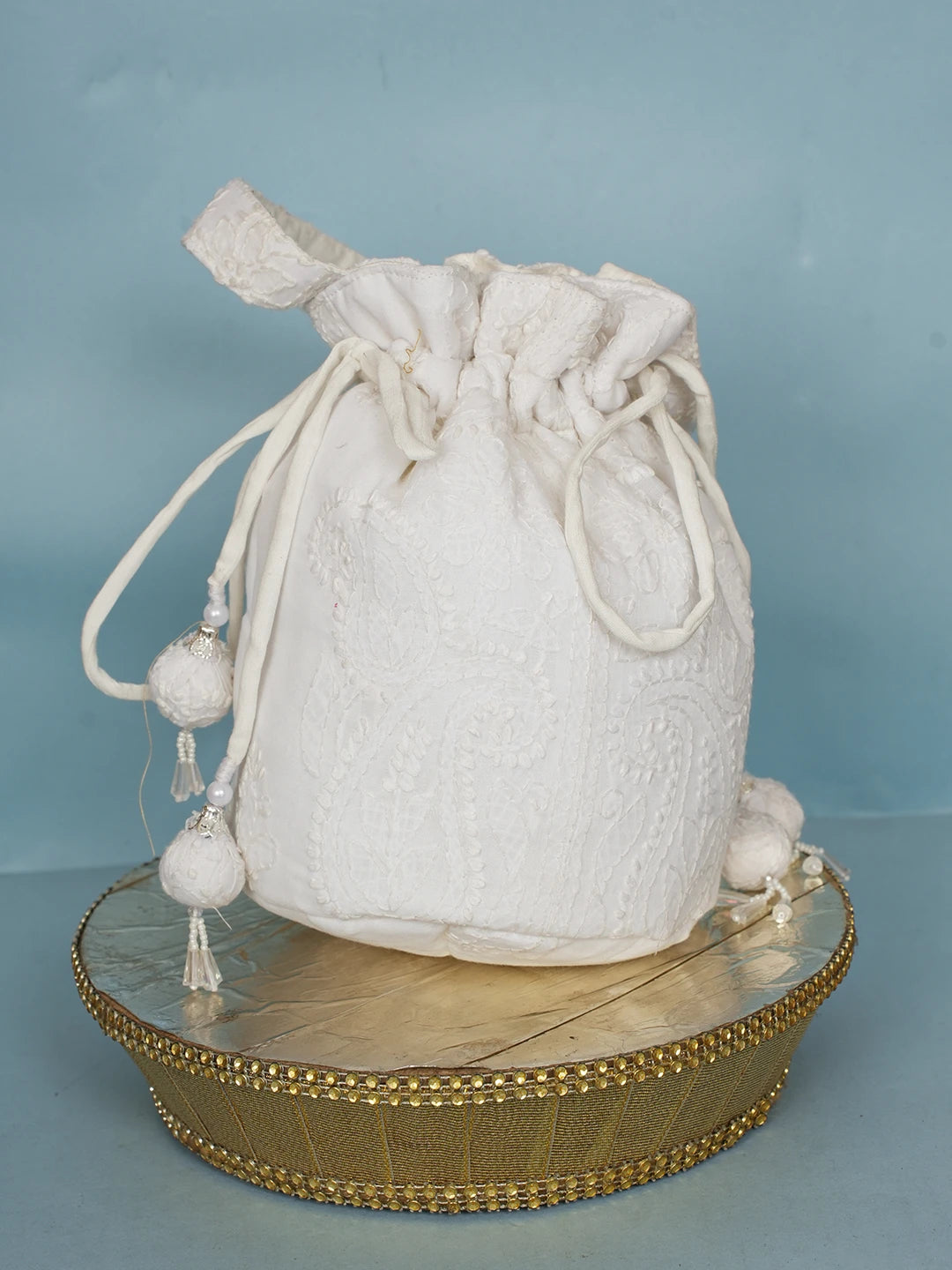 Ada Hand Embroidered White Cotton Lucknowi Chikankari Potli Bag 01A574344