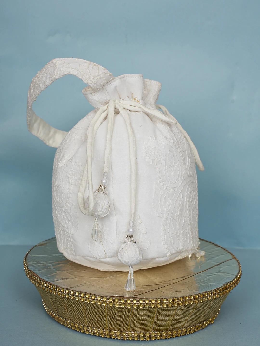 Ada Hand Embroidered White Cotton Lucknowi Chikankari Potli Bag 01A574344