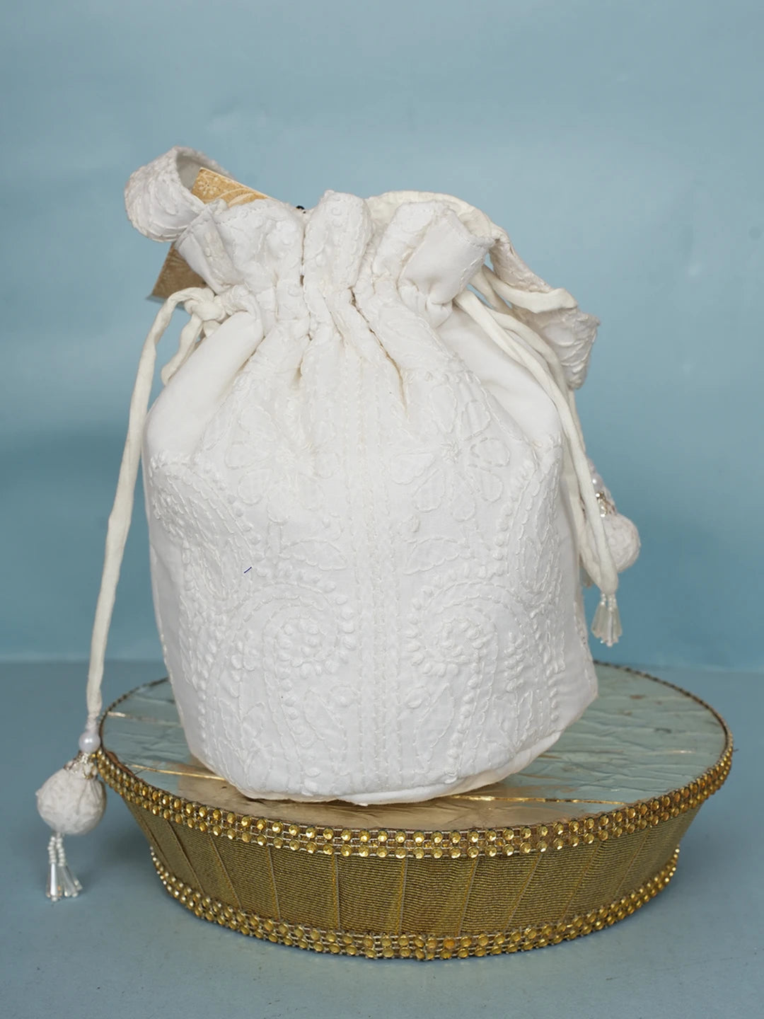 Ada Hand Embroidered White Cotton Lucknowi Chikankari Potli Bag 01A574344