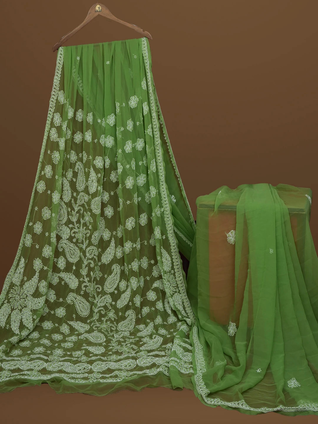 Ada Hand Embroidered Green Georgette Lucknowi Chikankari Saree With Blouse 01A571960