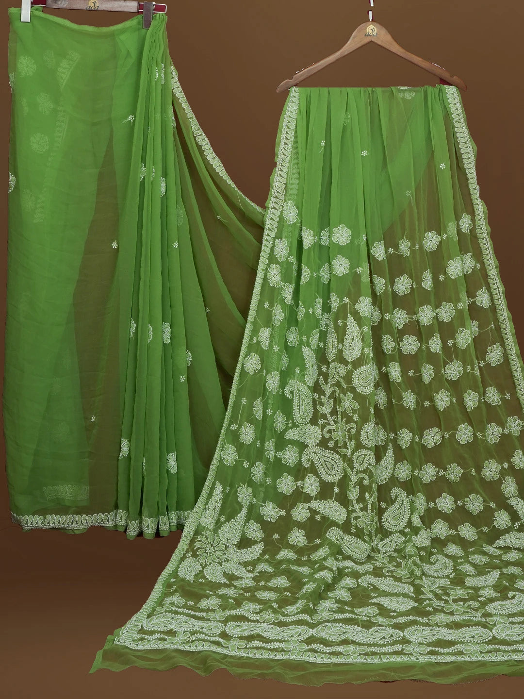 Ada Hand Embroidered Green Georgette Lucknowi Chikankari Saree With Blouse 01A571960