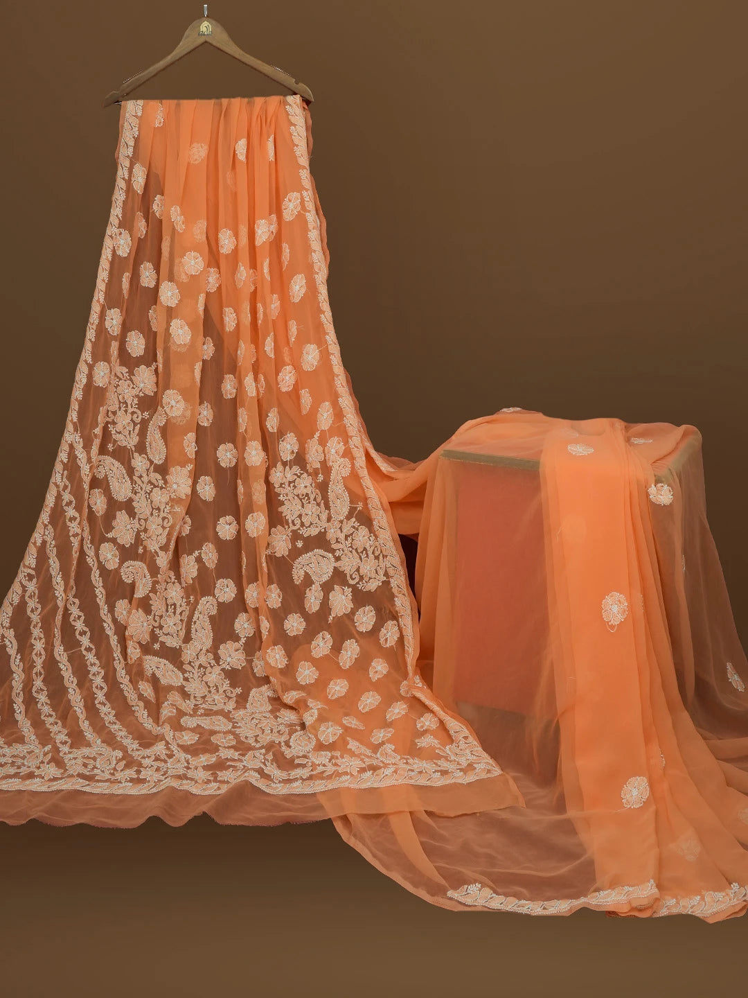 Ada Hand Embroidered Peach Georgette Lucknowi Chikankari Saree With Blouse 01A571951