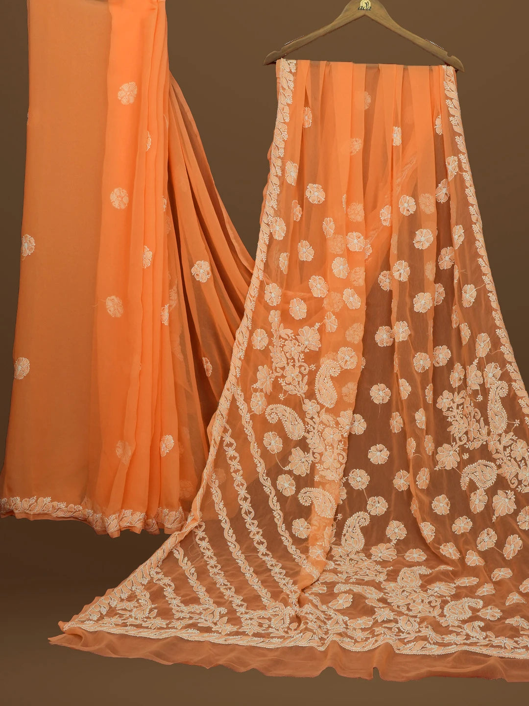 Ada Hand Embroidered Peach Georgette Lucknowi Chikankari Saree With Blouse 01A571951