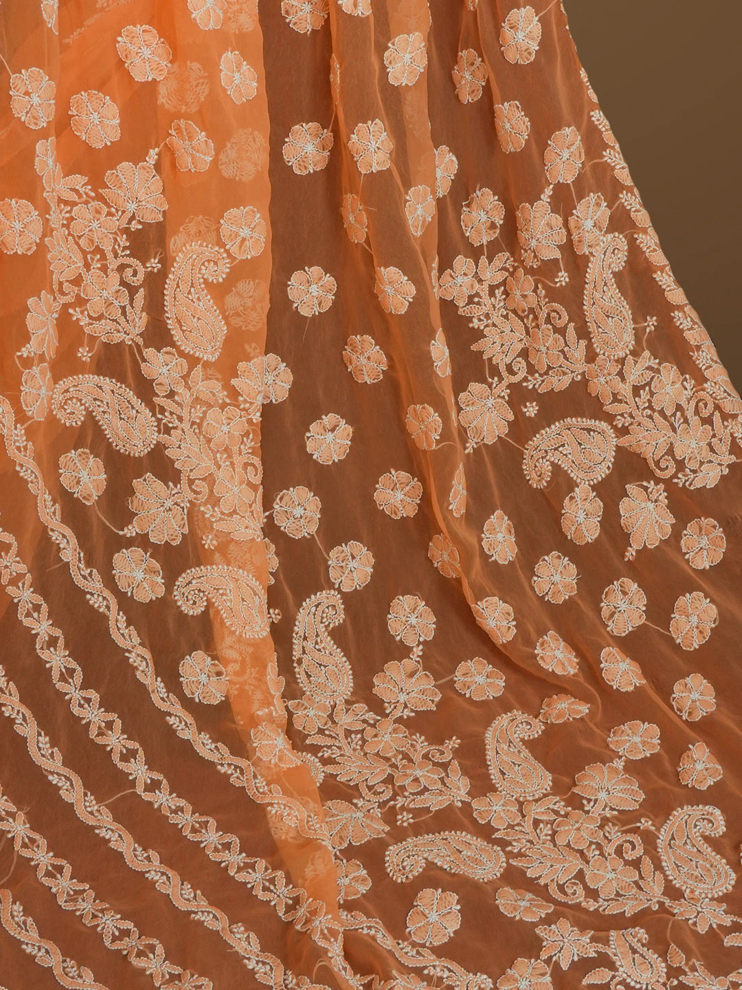 Ada Hand Embroidered Peach Georgette Lucknowi Chikankari Saree With Blouse 01A571951