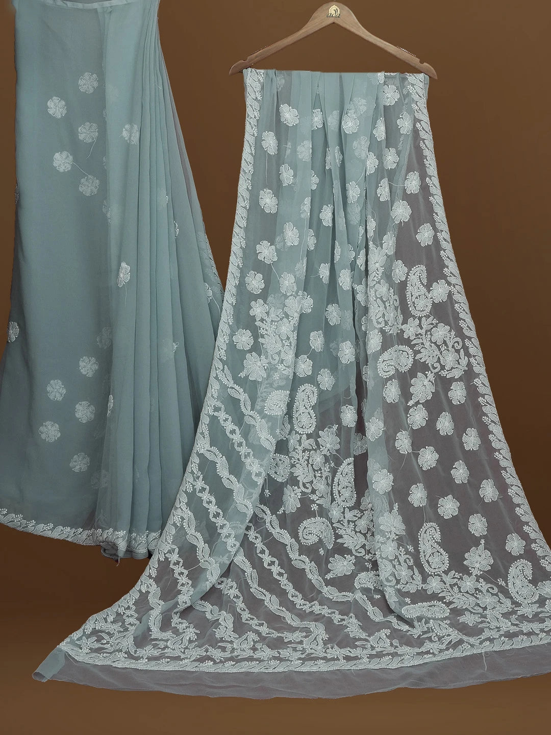 Ada Hand Embroidered Grey Georgette Lucknowi Chikankari Saree With Blouse 01A571949
