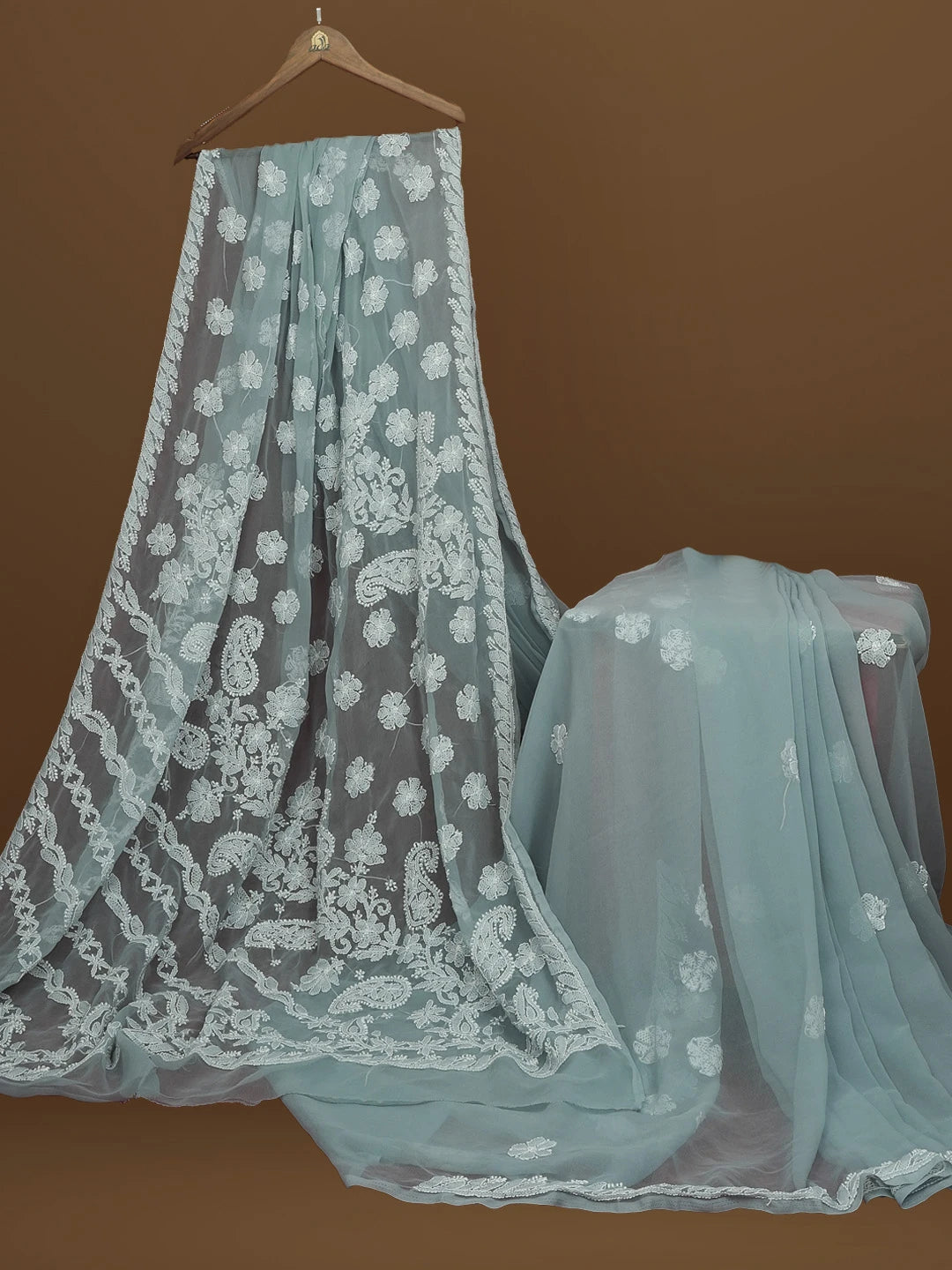 Ada Hand Embroidered Grey Georgette Lucknowi Chikankari Saree With Blouse 01A571949