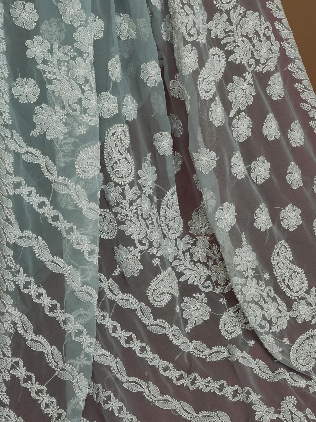 Ada Hand Embroidered Grey Georgette Lucknowi Chikankari Saree With Blouse 01A571949