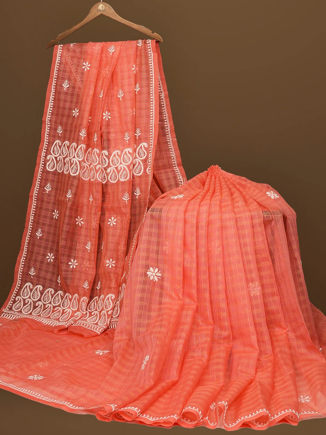 Ada Hand Embroidered Georgia Peach Super Net Lucknowi Chikankari Saree With Blouse 01A572010