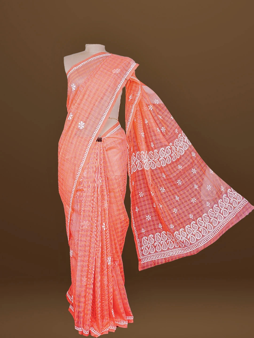 Ada Hand Embroidered Georgia Peach Super Net Lucknowi Chikankari Saree With Blouse 01A572010