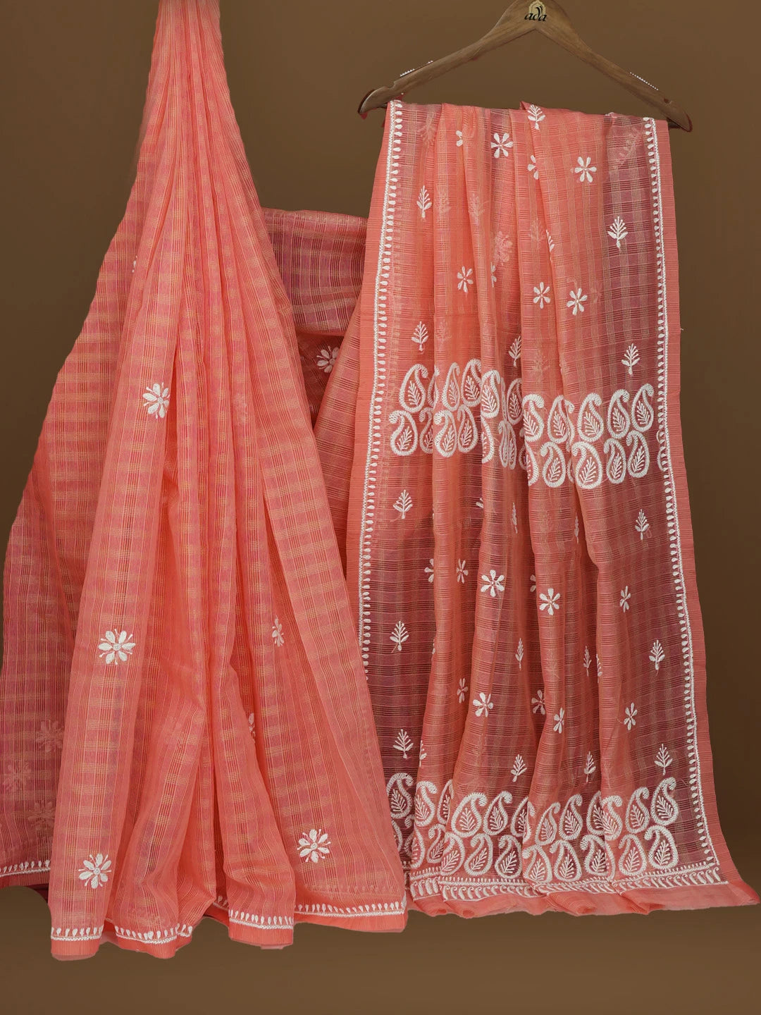 Ada Hand Embroidered Georgia Peach Super Net Lucknowi Chikankari Saree With Blouse 01A572010