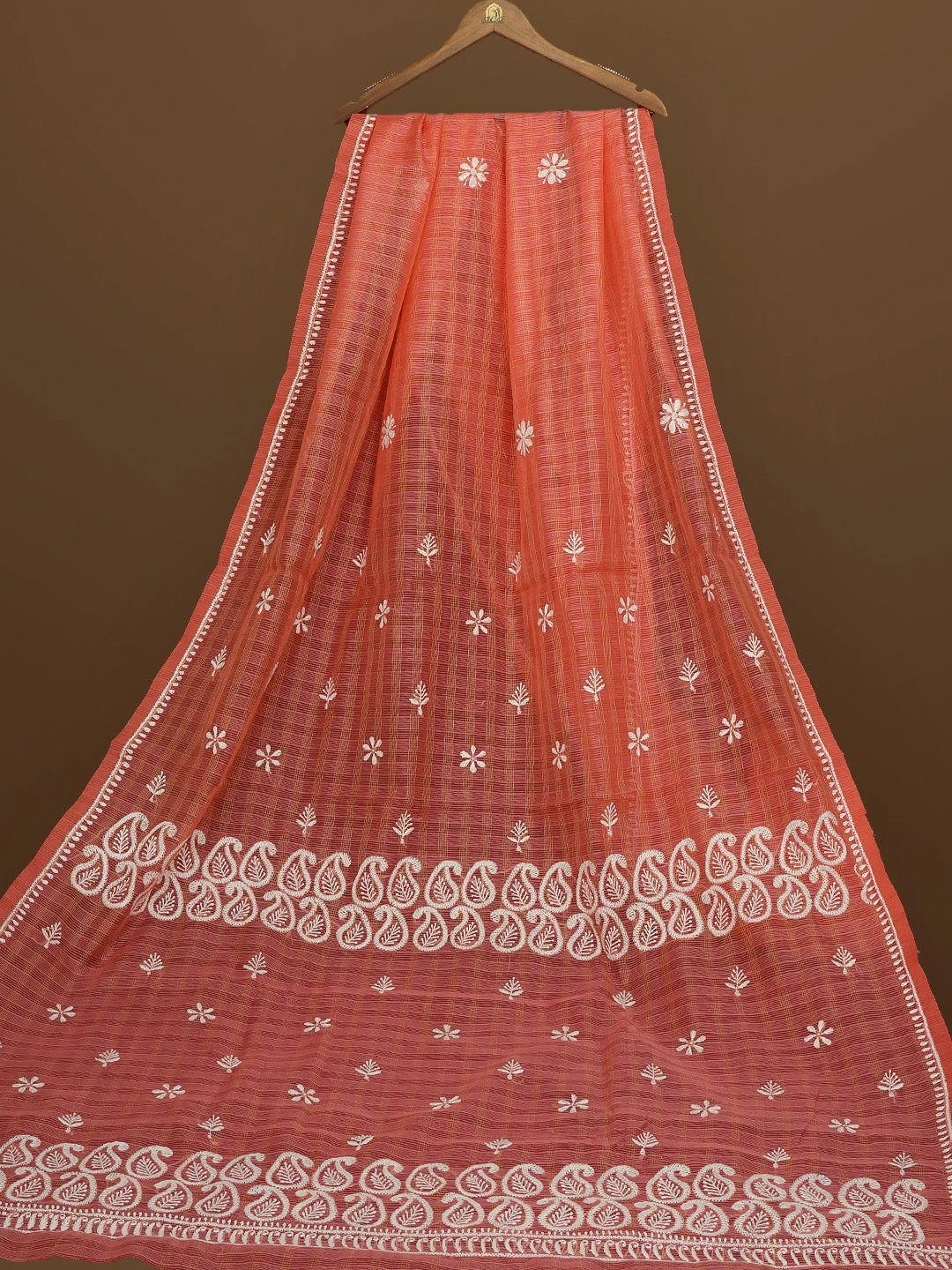 Ada Hand Embroidered Georgia Peach Super Net Lucknowi Chikankari Saree With Blouse 01A572010
