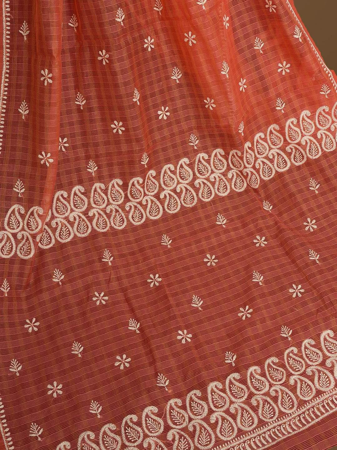 Ada Hand Embroidered Georgia Peach Super Net Lucknowi Chikankari Saree With Blouse 01A572010