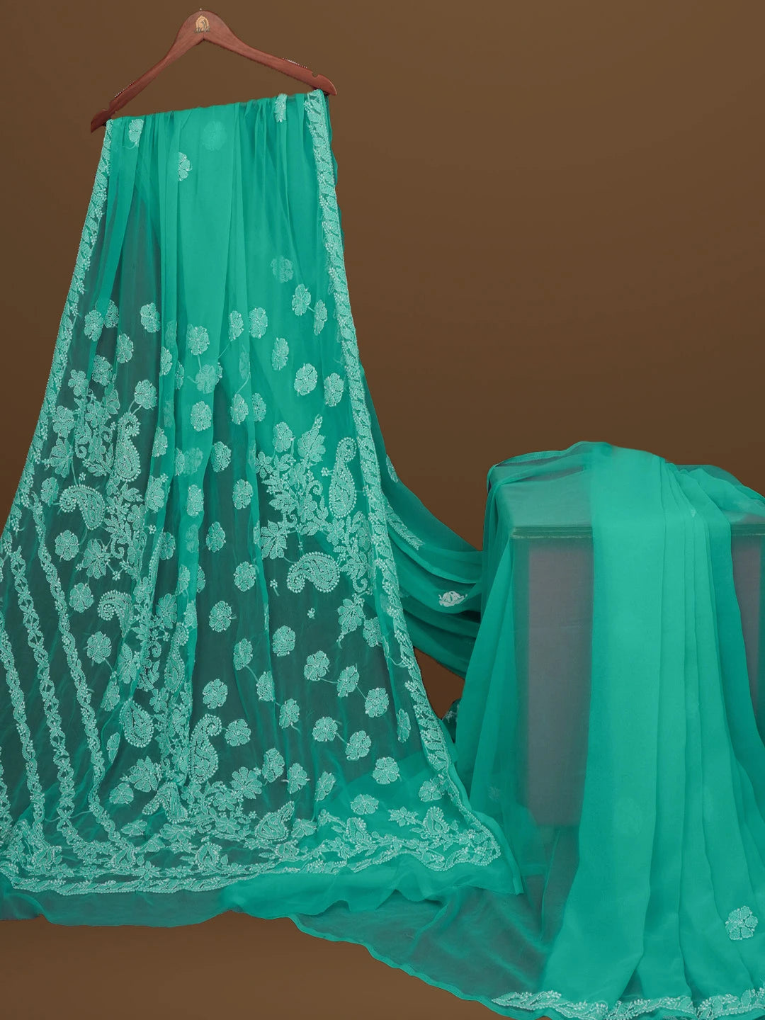 Ada Hand Embroidered Turquoise Blue Georgette Lucknowi Chikankari Saree With Blouse 01A571970