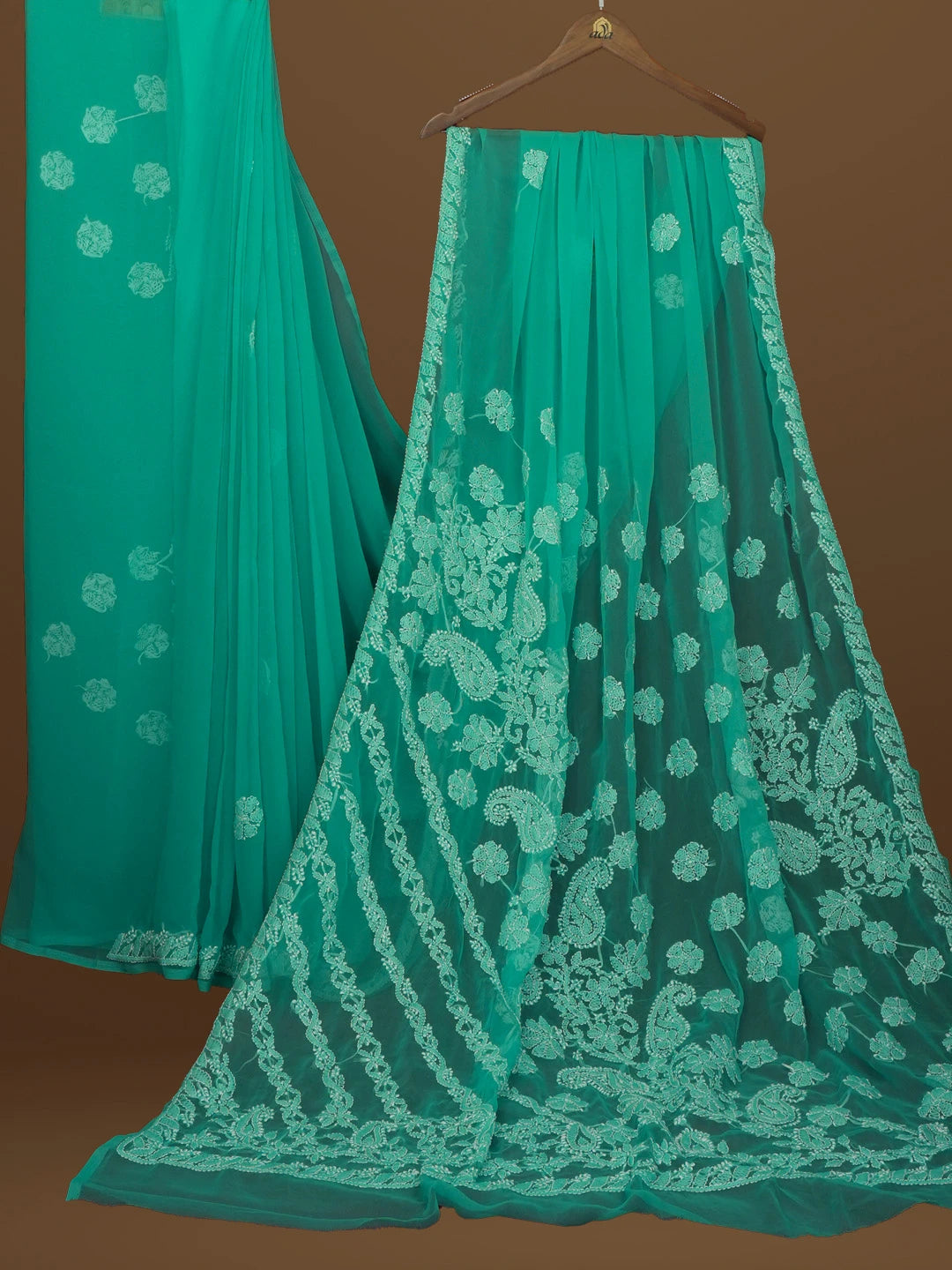 Ada Hand Embroidered Turquoise Blue Georgette Lucknowi Chikankari Saree With Blouse 01A571970